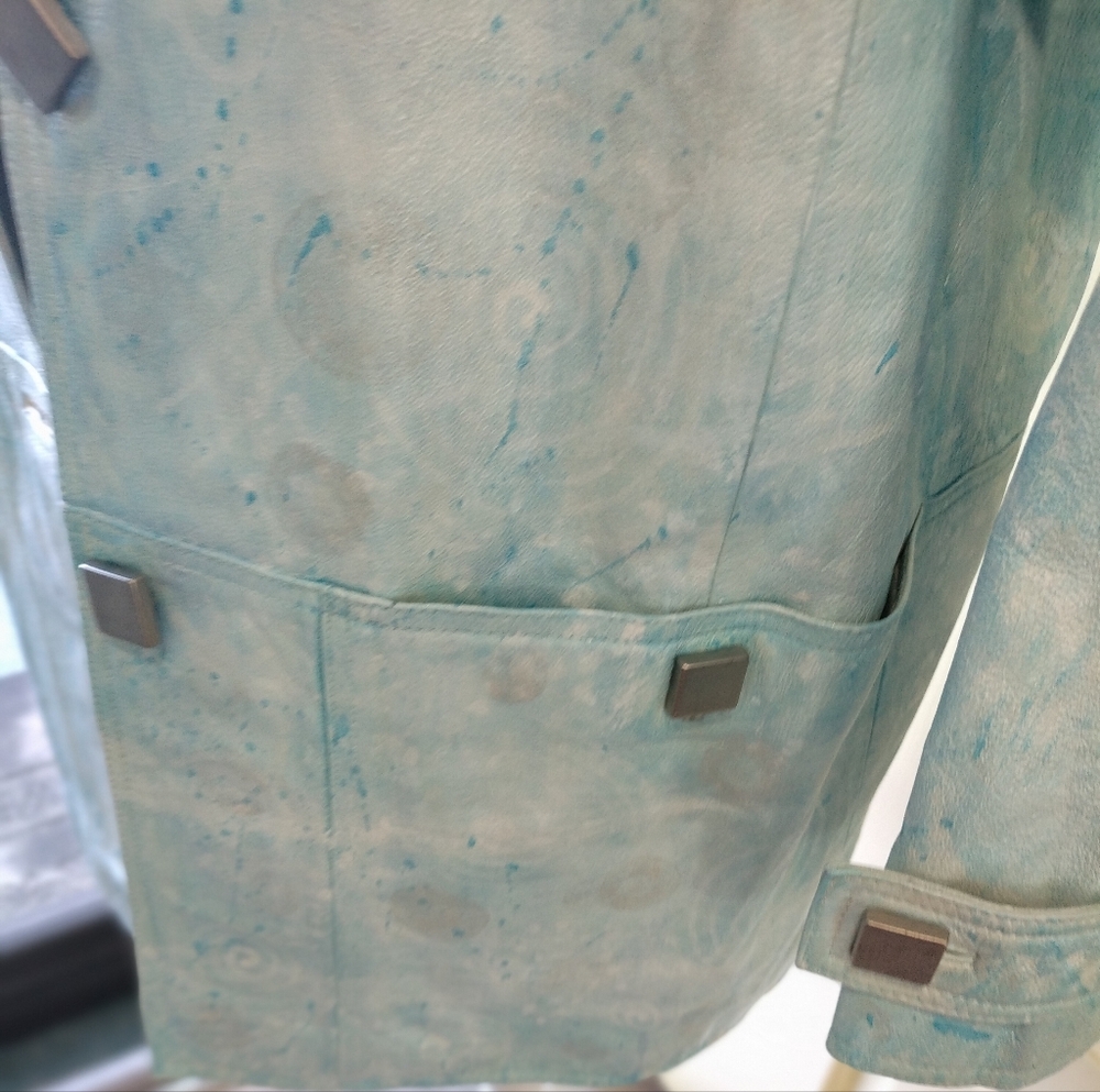 Vintage 80s BRAEFAIR Leather trench coat, Artsy Icy Blue wearable art, S 8 - Picture 11 of 14
